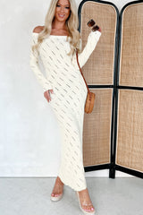 Successfully Stylish Off The Shoulder Sweater Maxi Dress (Cream)