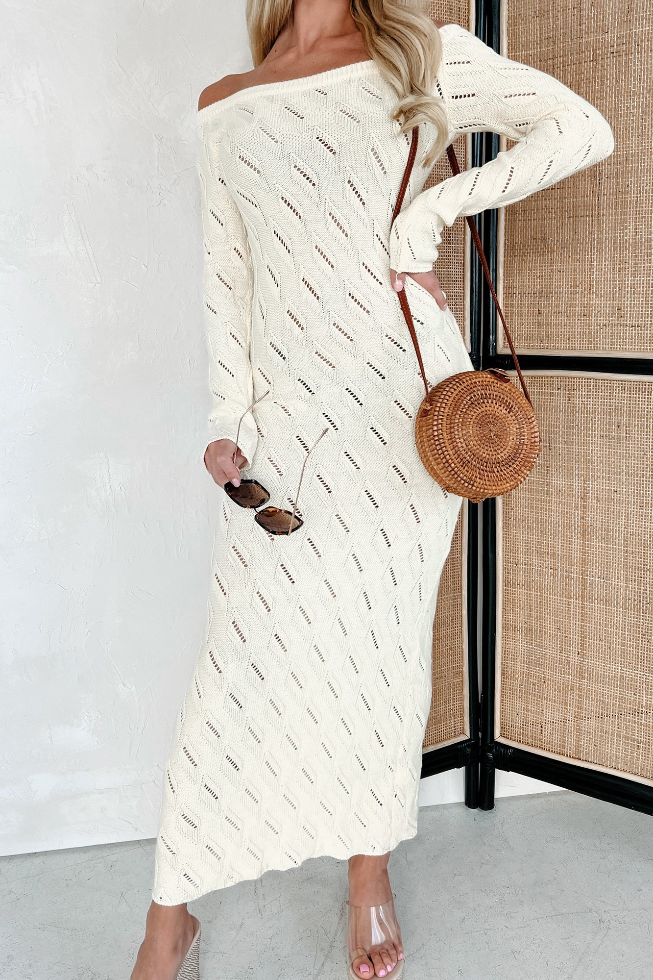 Successfully Stylish Off The Shoulder Sweater Maxi Dress (Cream)