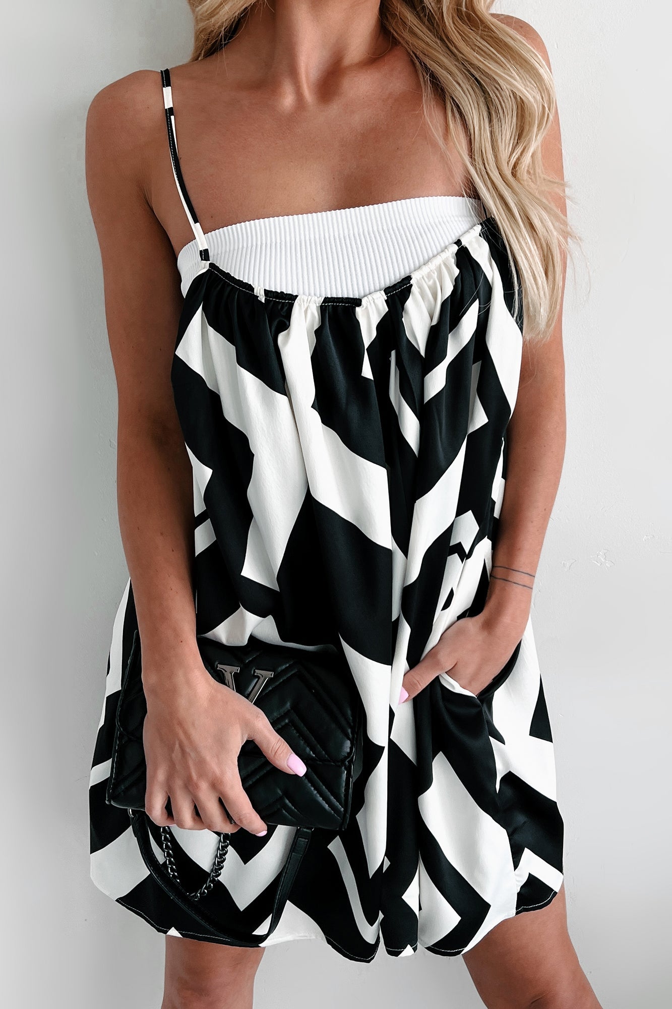 Keep It Creative Geometric Satin Romper (Black/White)