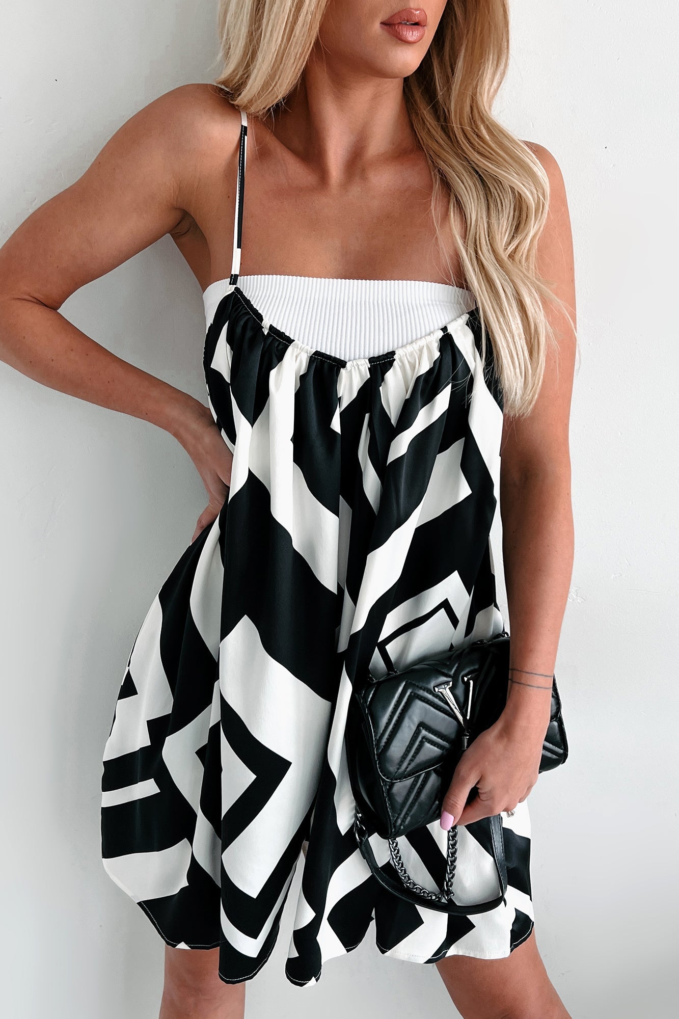 Keep It Creative Geometric Satin Romper (Black/White)