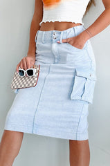 Trendy Locations Denim Wash Cargo Midi Skirt (Blue)