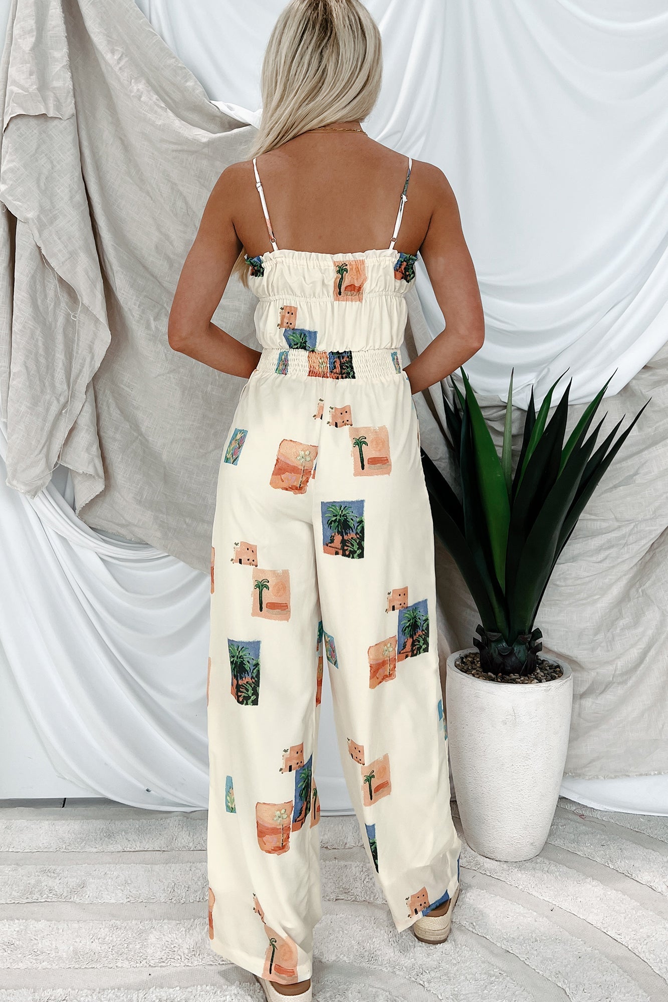 Sun & Done Printed Wide Leg Jumpsuit (Cream)