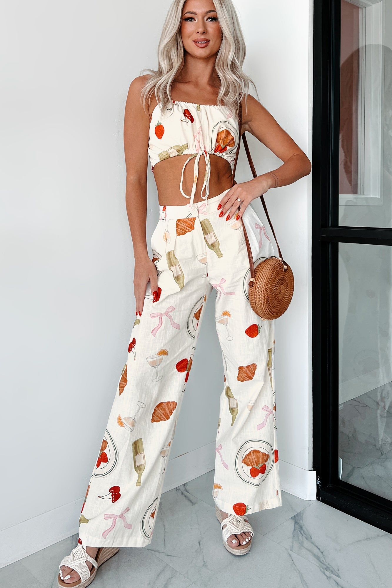 French Bistro Printed Drawstring Crop Top (Ivory)