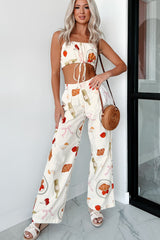 French Bistro Printed Drawstring Crop Top (Ivory)