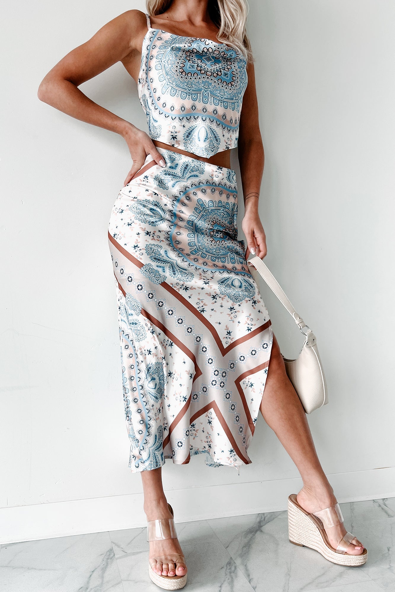 Instantly Adored Printed Satin Maxi Skirt (Sand Multi)
