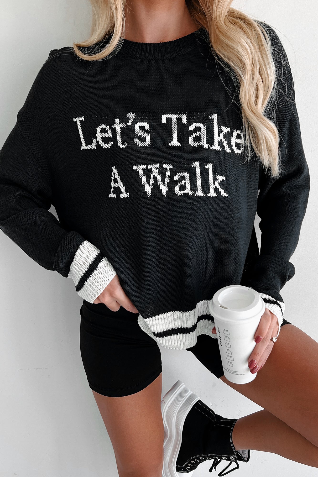 "Let's Take A Walk" Lightweight Knit Sweater (Dark Navy/White)