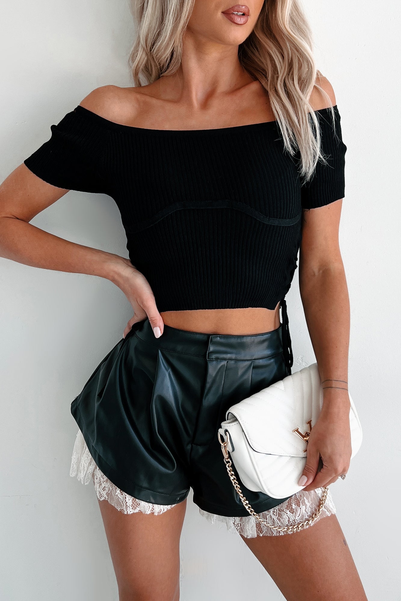 DOORBUSTER Blissful Moments Side Tie Short Sleeve Sweater Top (Black)