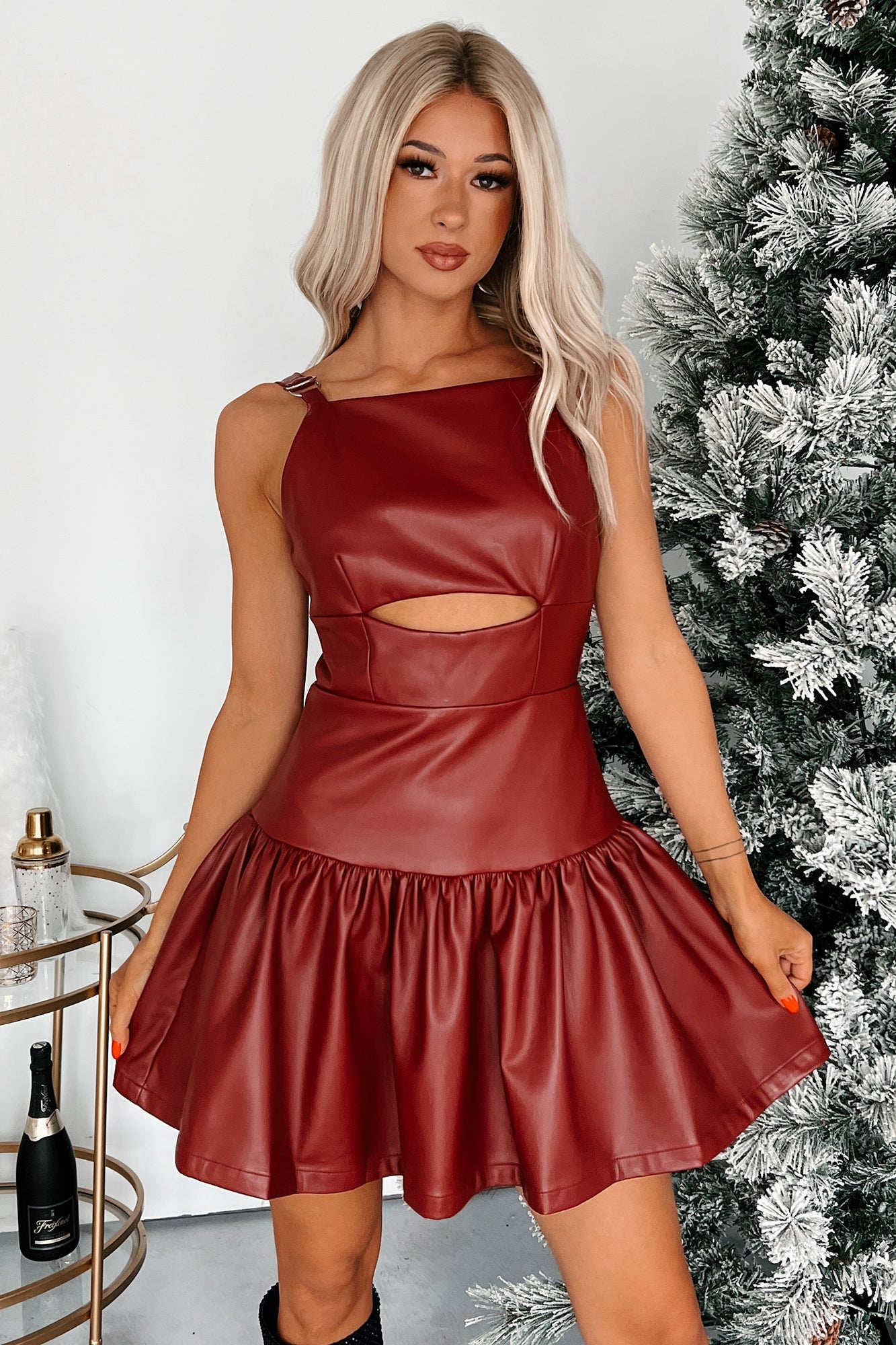 Never The Problem Faux Leather Cut-Out Dress (Burgundy)
