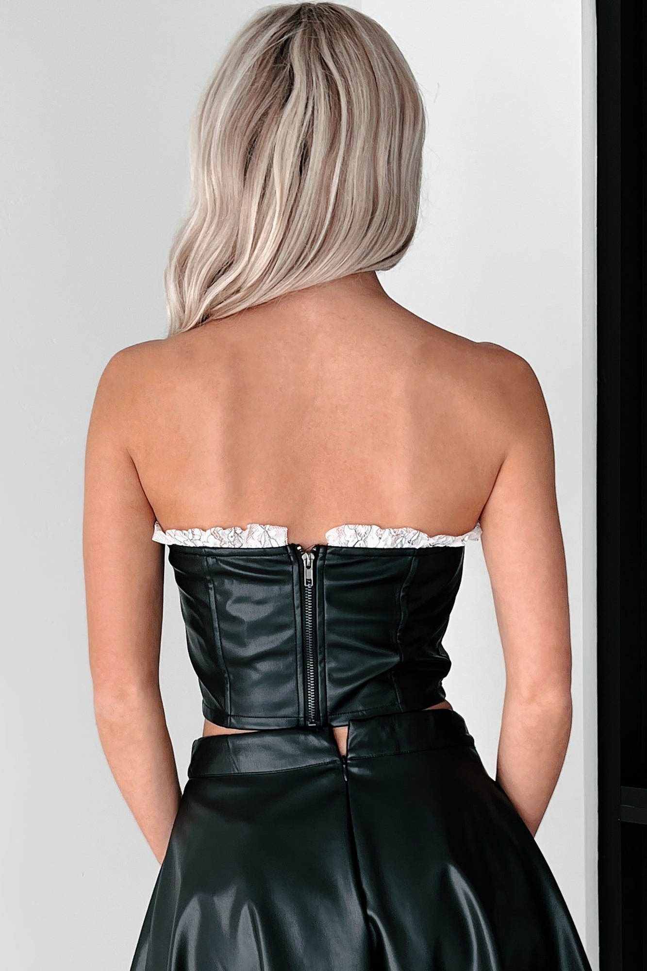 DOORBUSTER Flirty Tendencies Ruffle Lace Faux Leather Tube Top (Black)