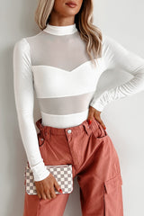 Sultry Persona Mock Neck Mesh Detail Bodysuit (Ivory)