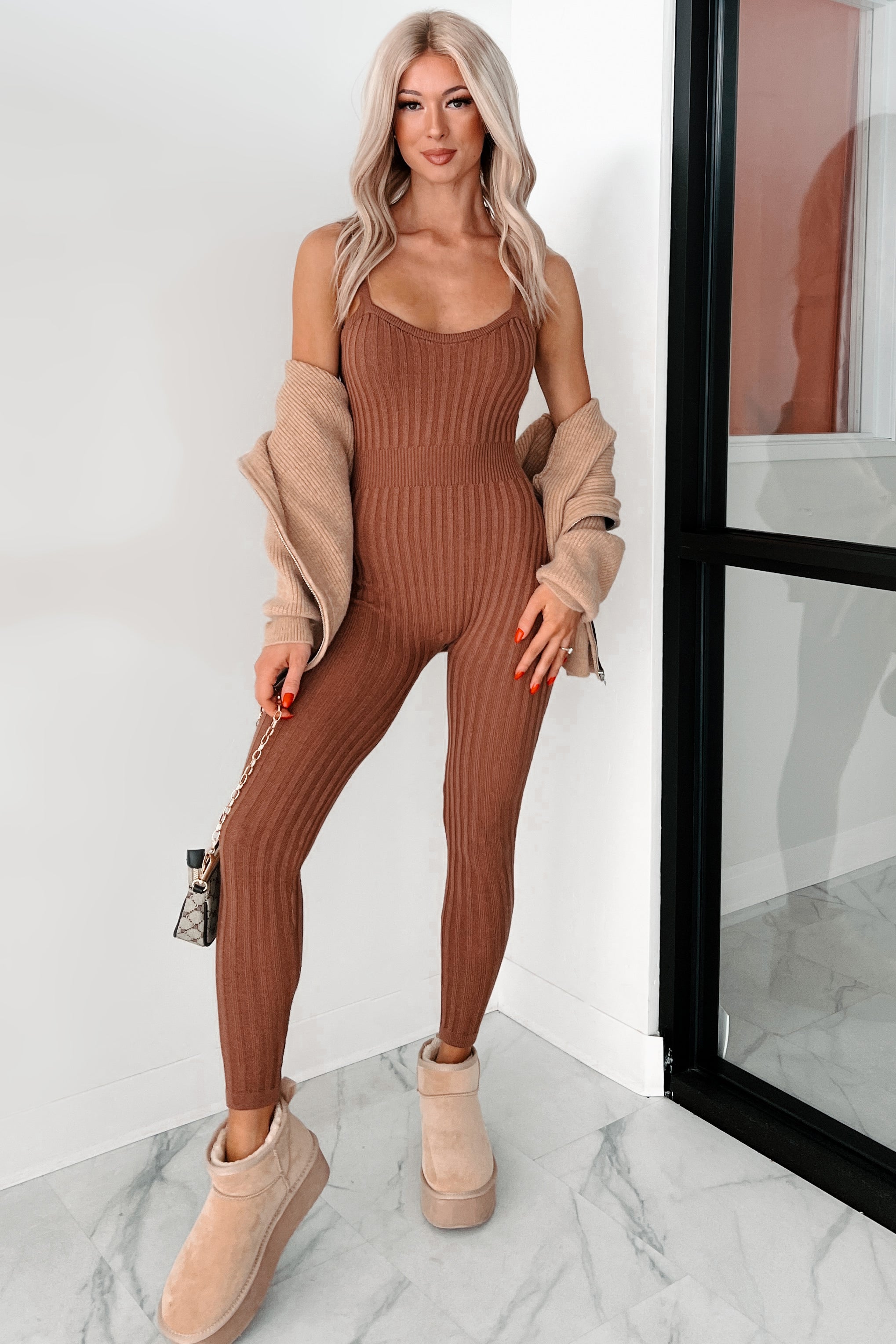 Better By The Minute Sweater Knit Catsuit (Mocha)