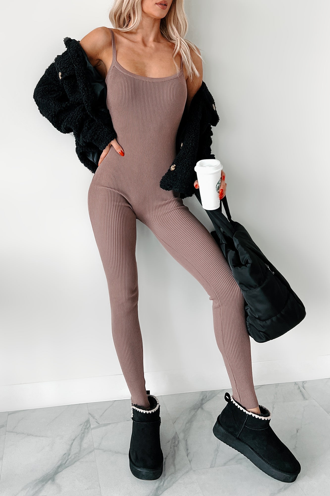 Making Things Right Rib Knit Backless Jumpsuit (Latte)