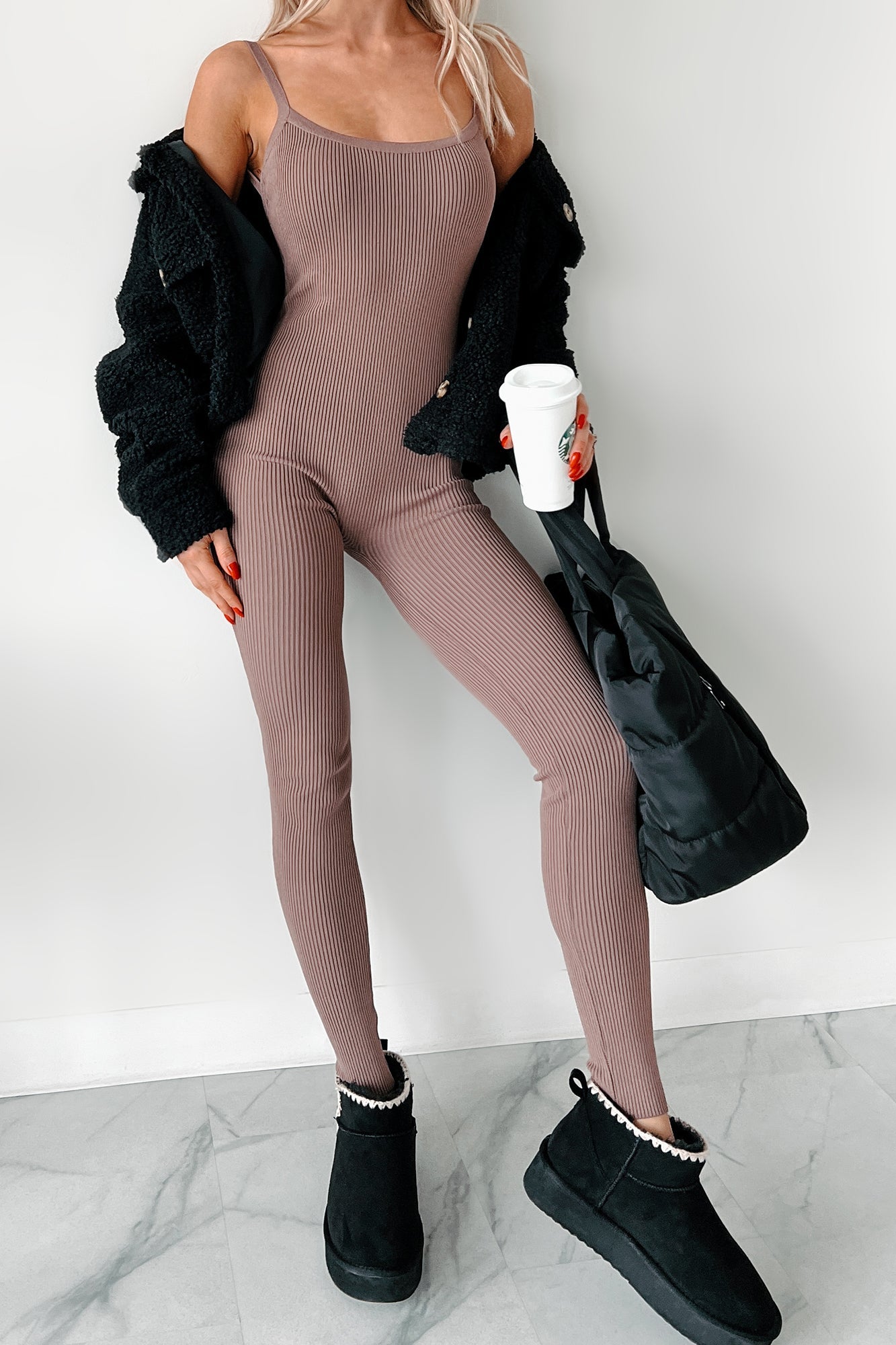 Making Things Right Rib Knit Backless Jumpsuit (Latte)