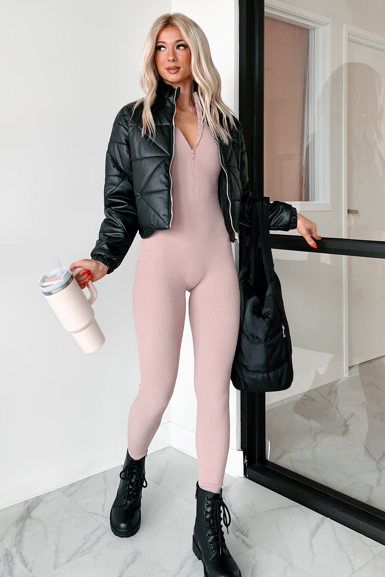 Luck Of The Draw Ribbed Half Zip Jumpsuit (Dusty Pink)