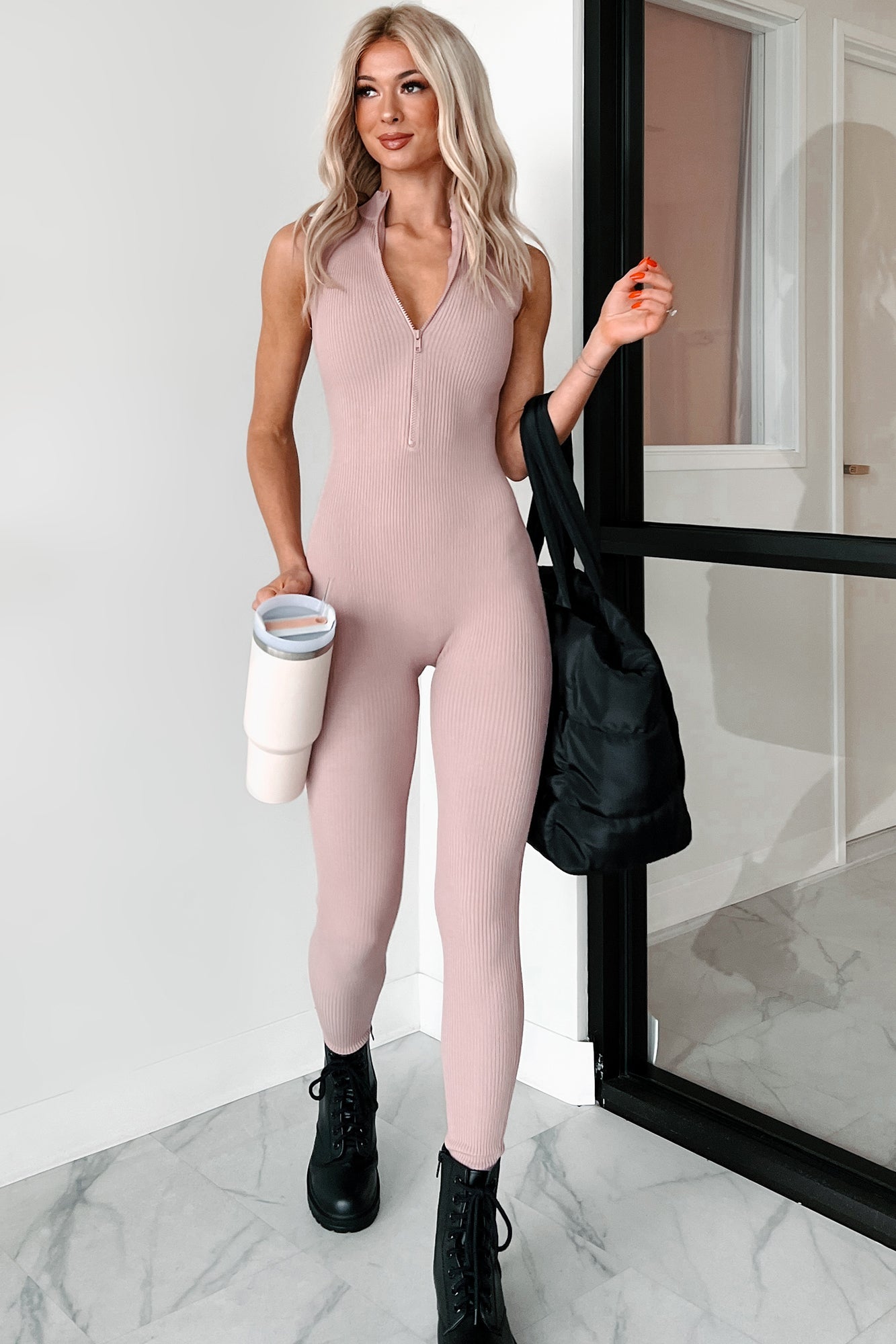 Luck Of The Draw Ribbed Half Zip Jumpsuit (Dusty Pink)