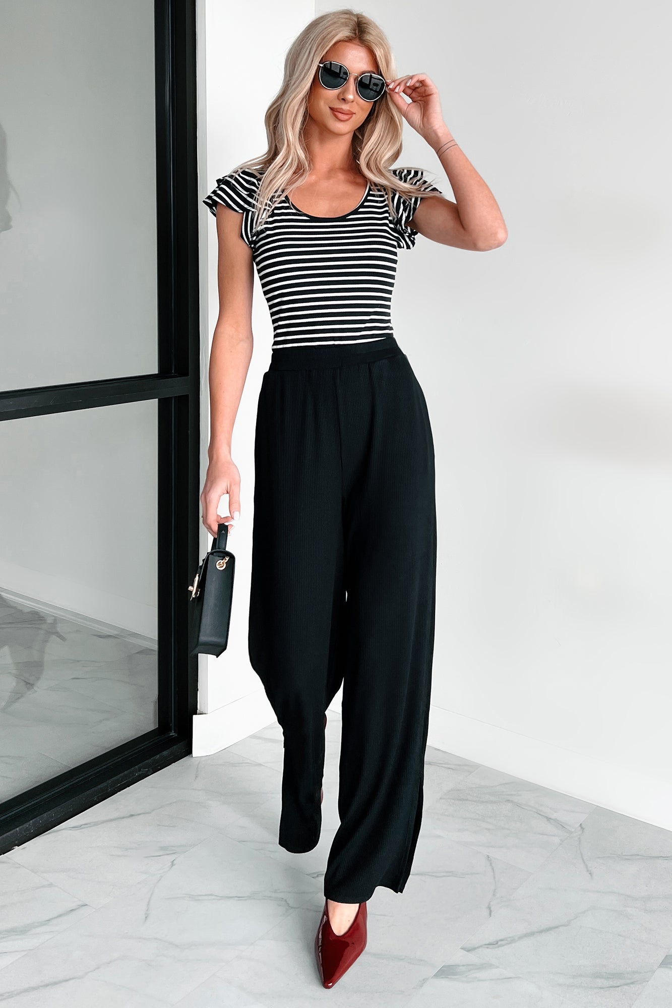 Sweet As Honey Ruffle Sleeve Striped Bodysuit (Black/White)