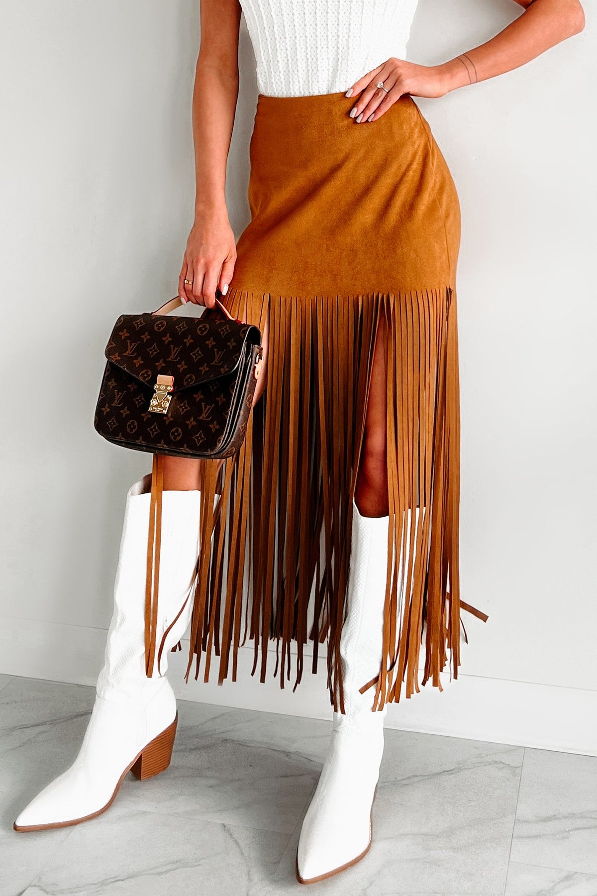 Merla Faux Suede Fringe Skirt (Camel)