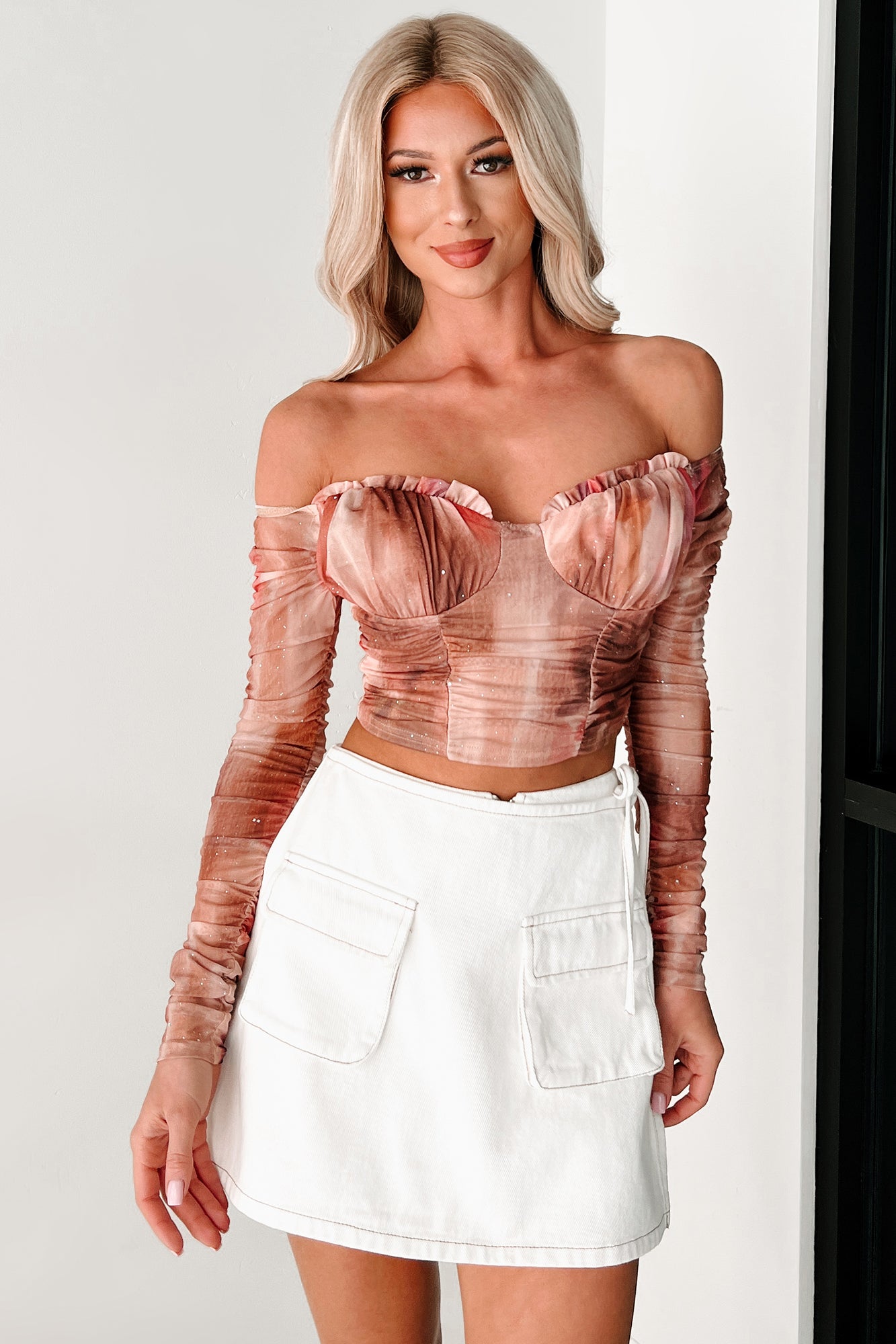 From Flirty To Fierce Sparkle Mesh Off The Shoulder Top (Dry Rose)