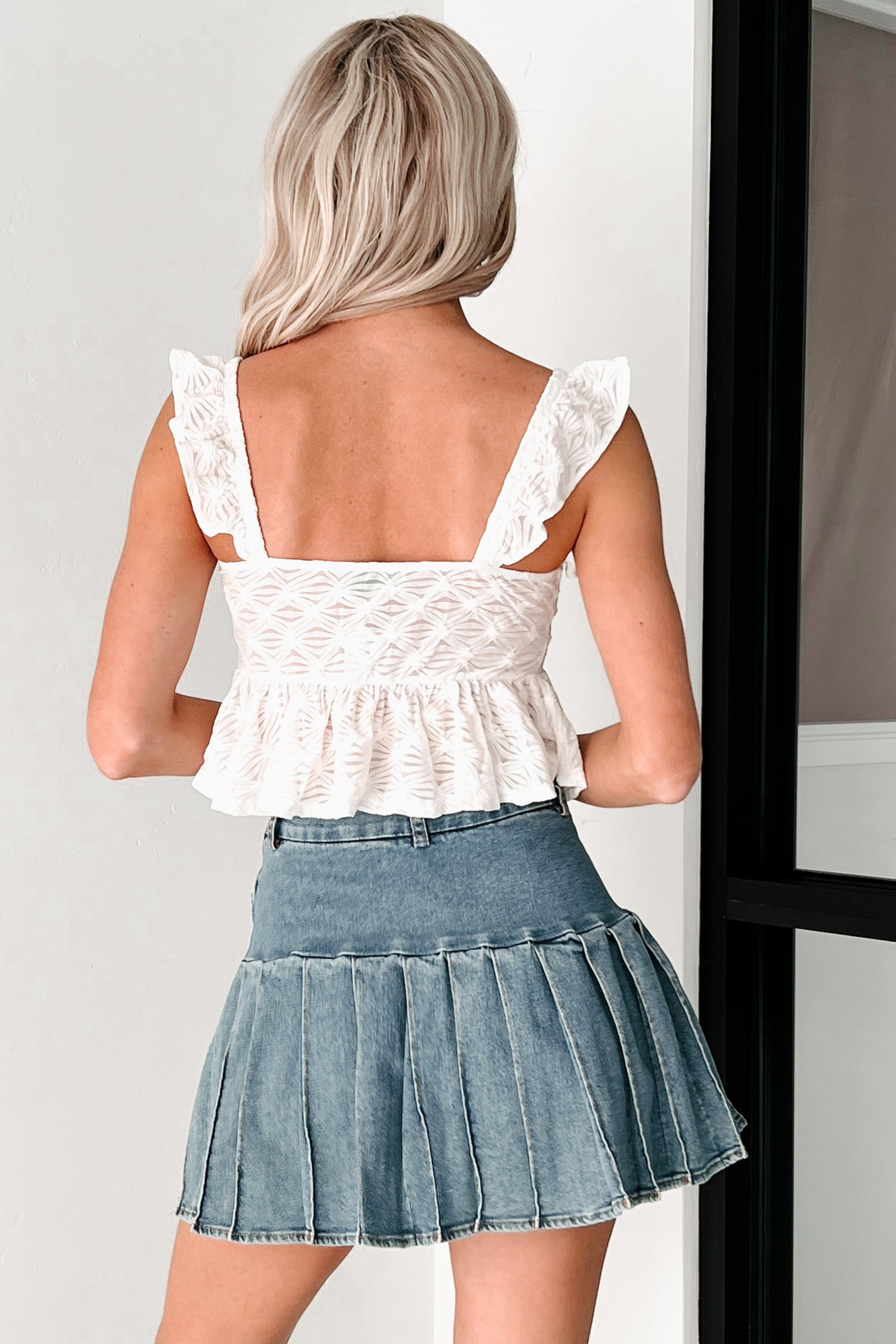 Coffee To Cocktails Textured Ruffle Crop Top (Cream)