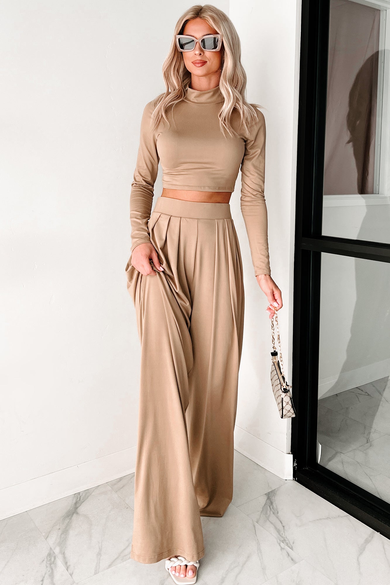 Faded Dreams Long Sleeve Crop Top & Pant Set (Khaki Dark)