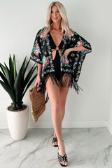 Like A Blooming Rose In Spring Floral Kimono Shawl (Black)