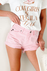 Cheyenne High Rise Frayed Kancan Denim Shorts (Pink)