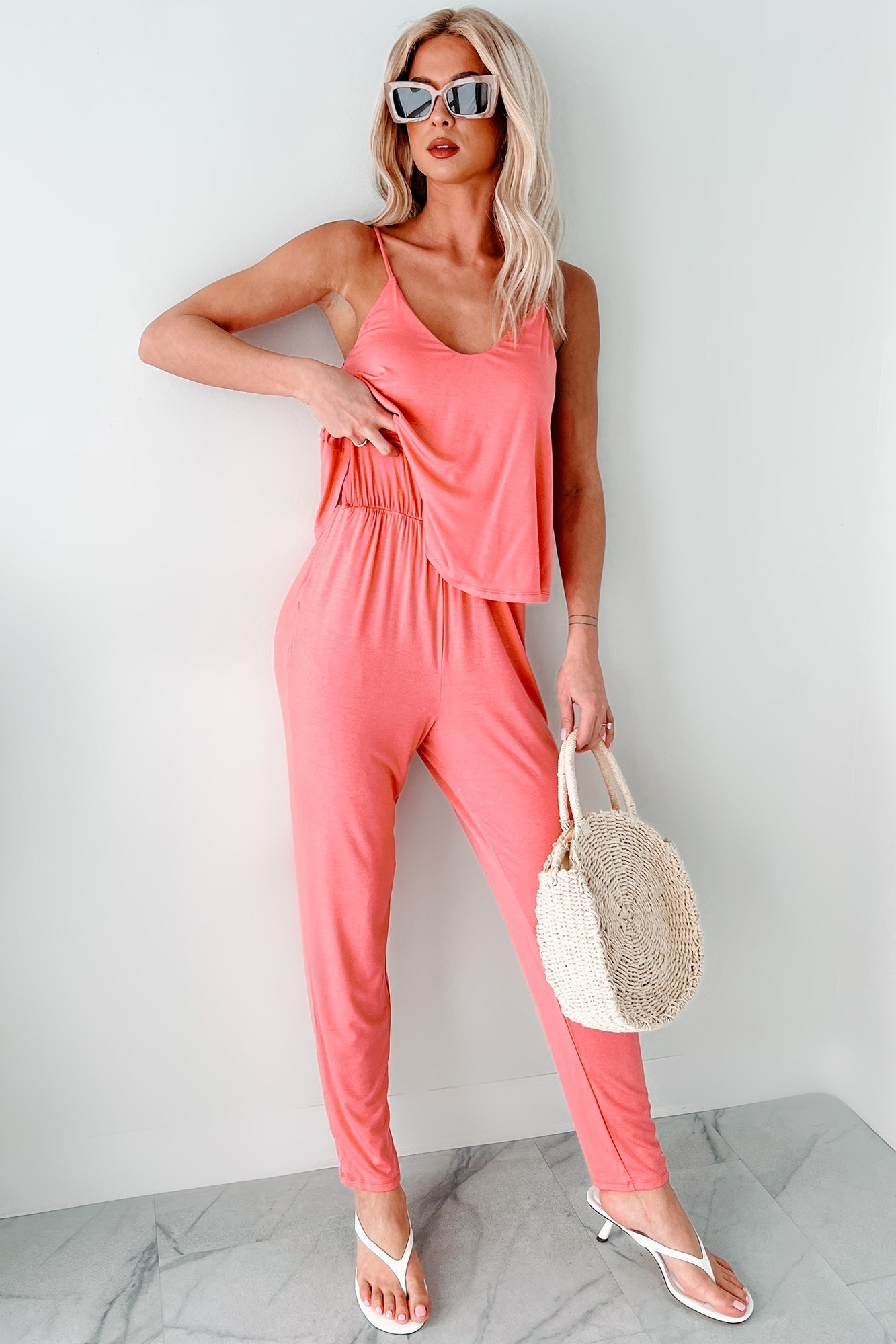 Fields Of Fancies Sleeveless Slim Leg Jumpsuit (Coral)