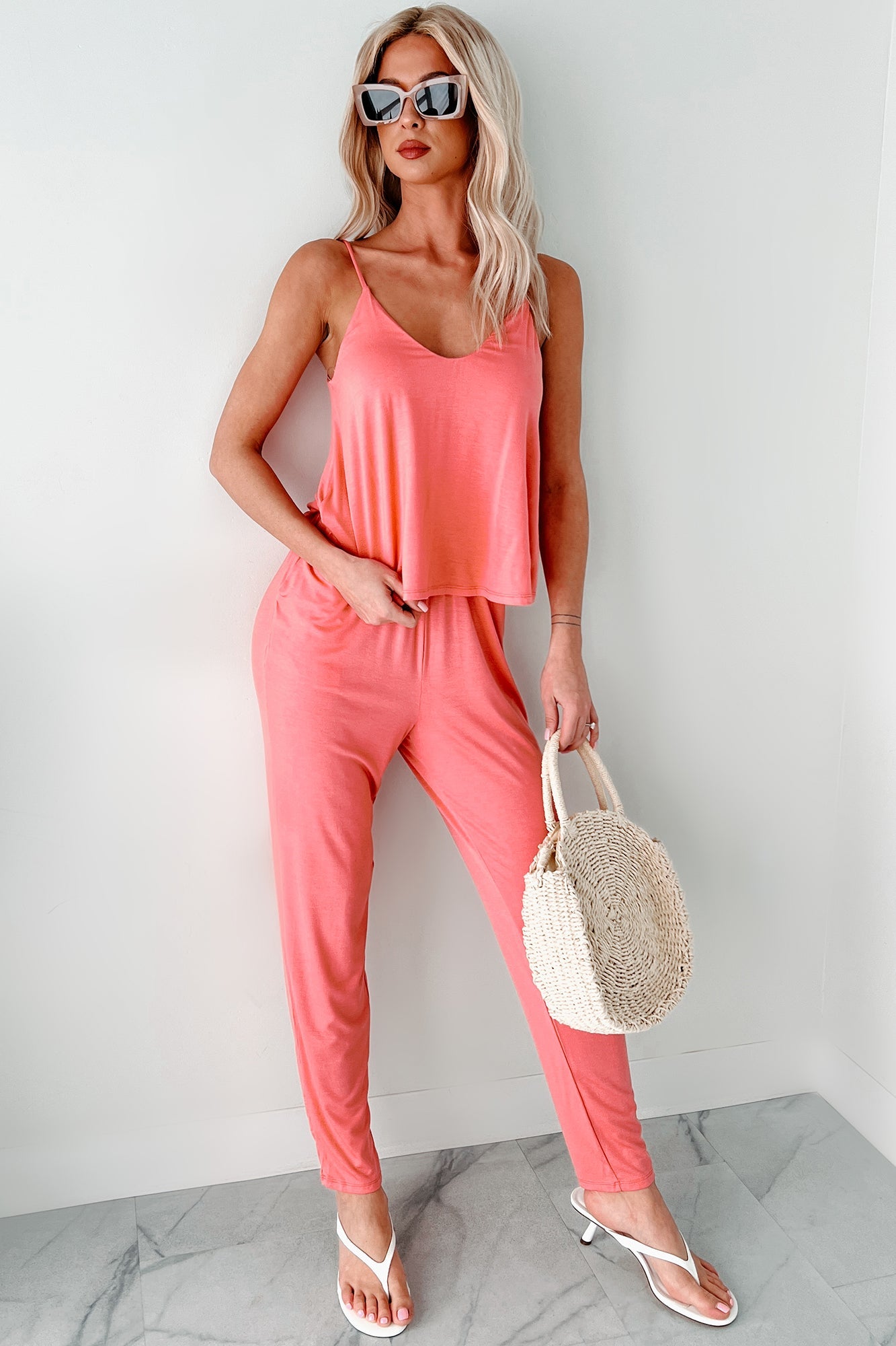 Fields Of Fancies Sleeveless Slim Leg Jumpsuit (Coral)