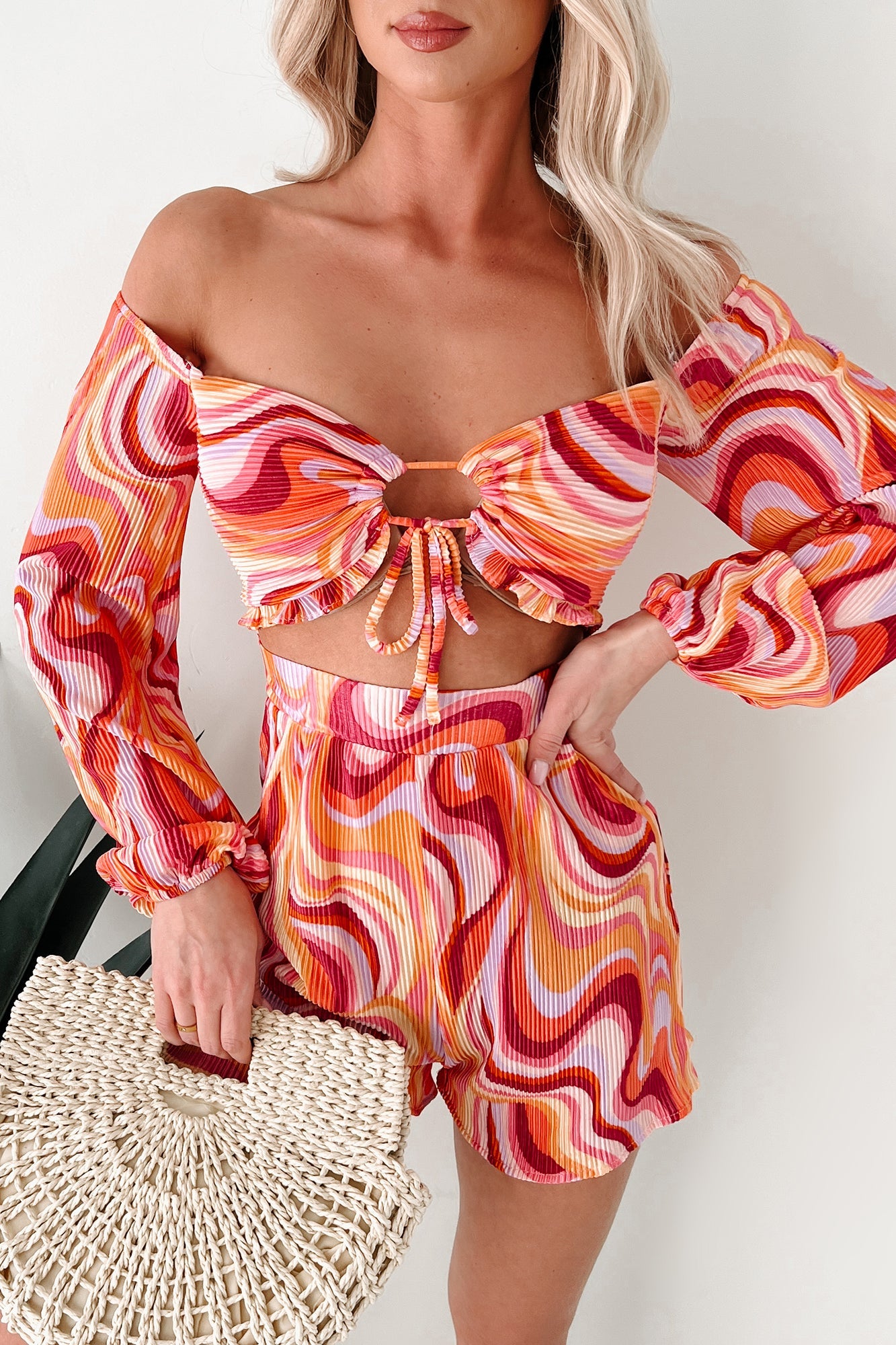 Dance The Night Away Pleated Long Sleeve Romper (Pink/Multi)