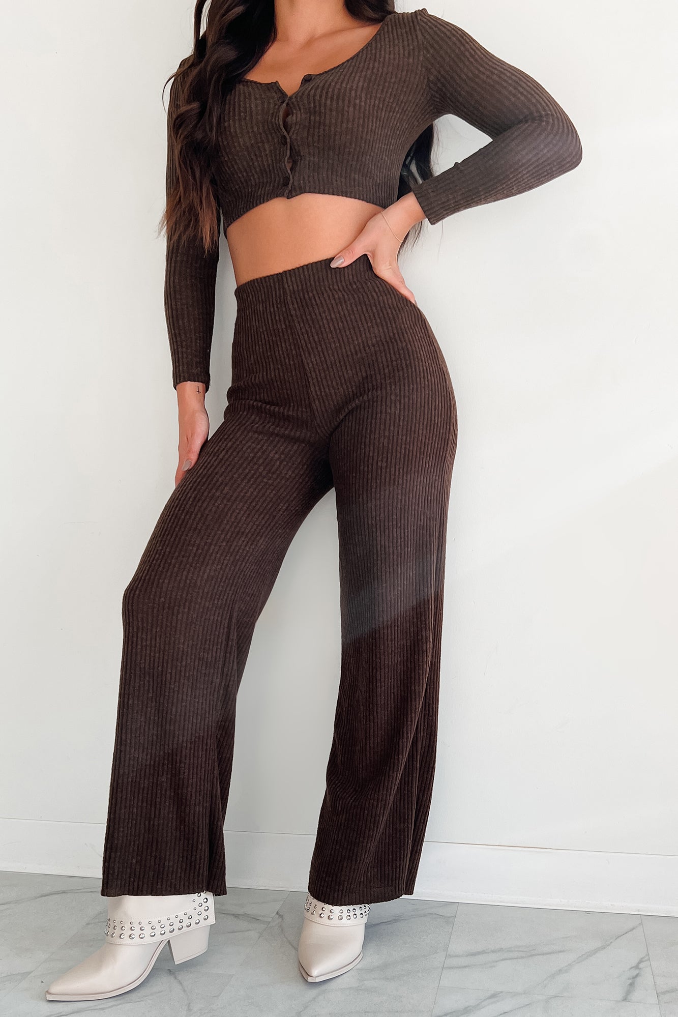 Ive Got My Eye On You Ribbed Long Sleeve Button Down Set (Espresso)