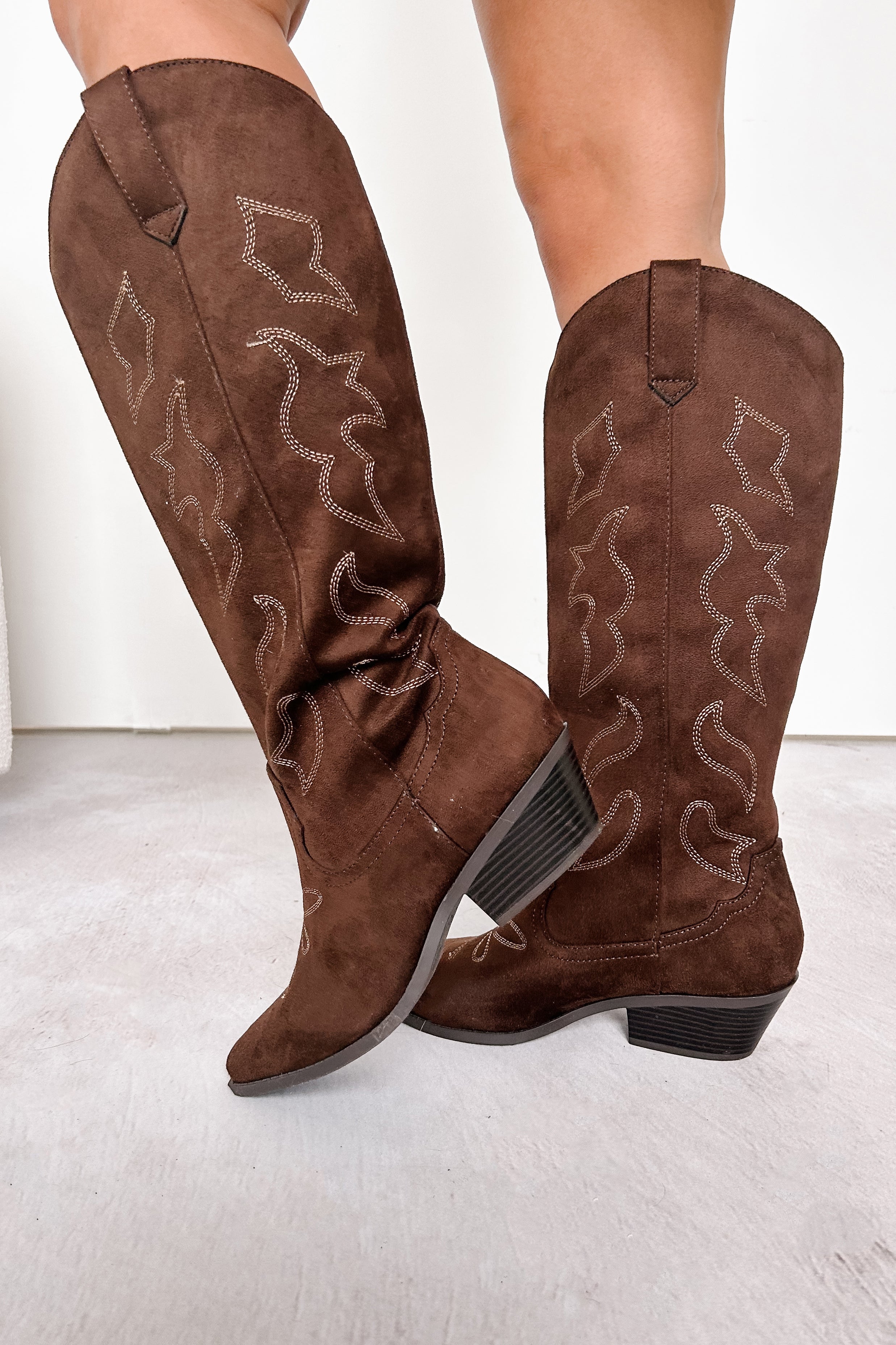 A Wild Ride Faux Suede Western Boots (Brown)