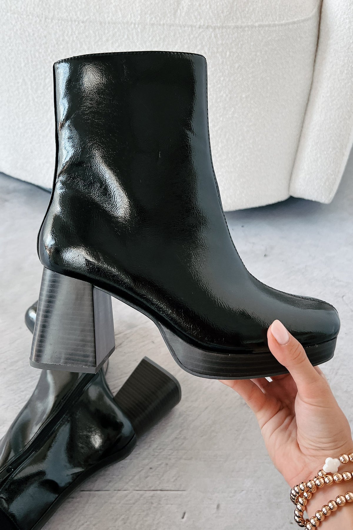 Keep On Grooving Patent Leather Platform Booties (Black/Dark Brown)