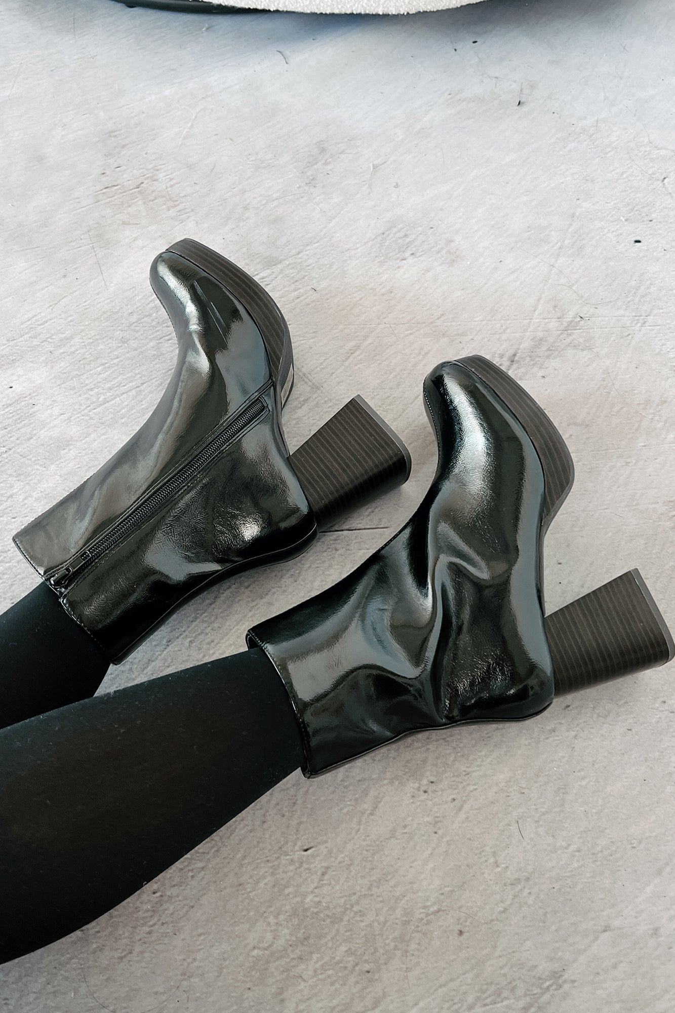 Keep On Grooving Patent Leather Platform Booties (Black/Dark Brown)