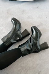 Keep On Grooving Patent Leather Platform Booties (Black/Dark Brown)