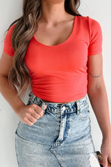Lifelong Companion Short Sleeve V-Neck Crop Top (Deep Coral)