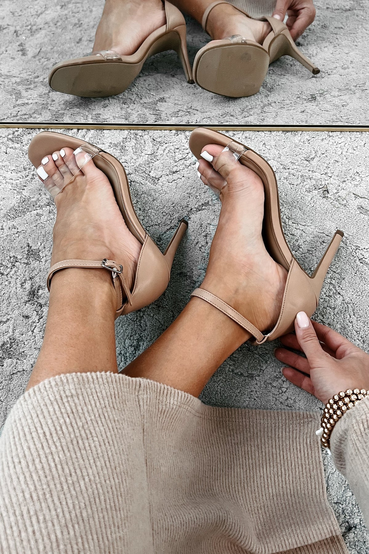 Never Underestimated Ankle Strap Heels (Clear/Sand)