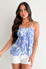 Summery Aura Smocked Tied Babydoll Tank Top (Blue)