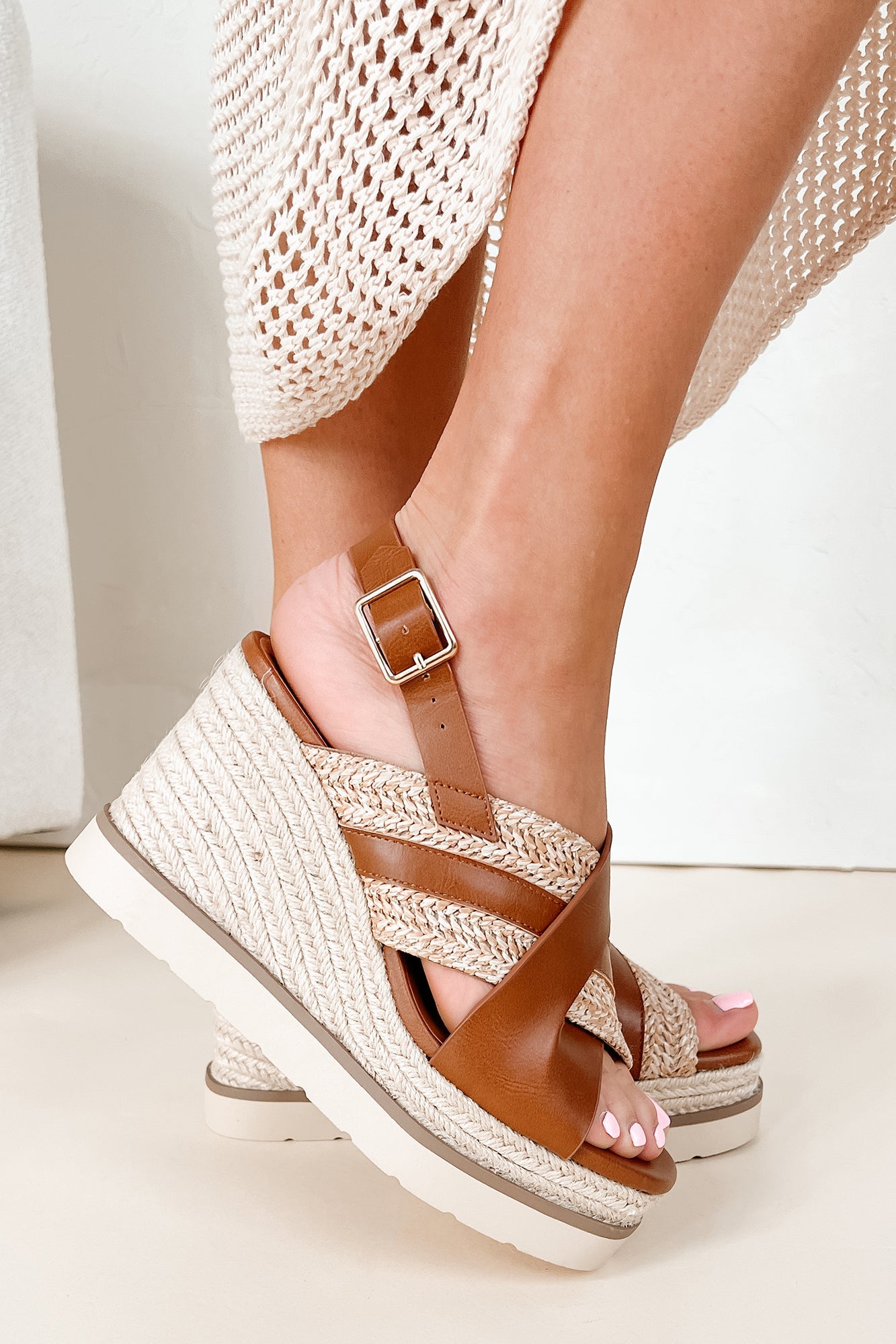 Slice Of Paradise Platform Wedge Heeled Sandal (Tan/Raffia)