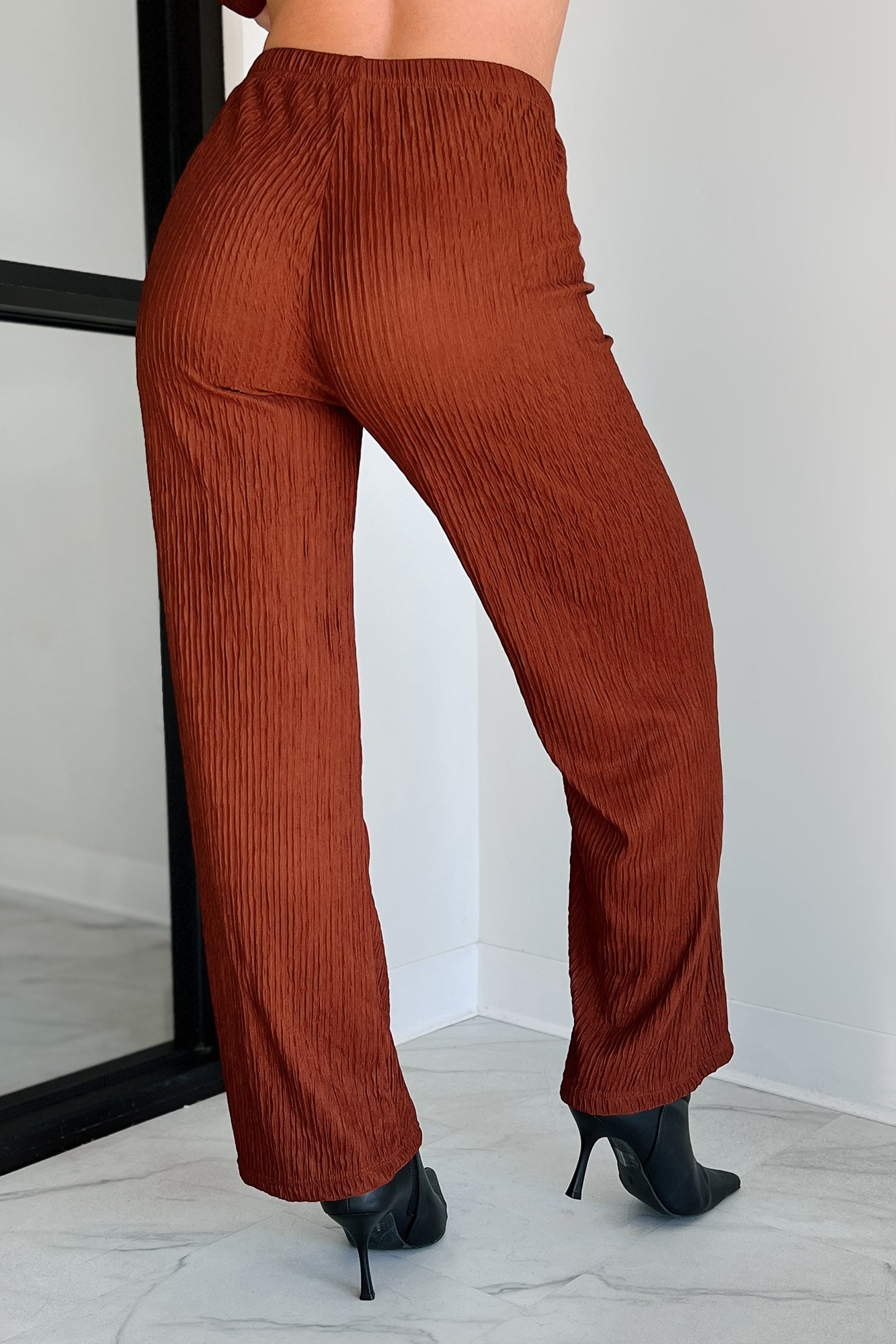 Following My Intuition Crinkled Plisse Wrap Top & Pants Set (Ancora Red)