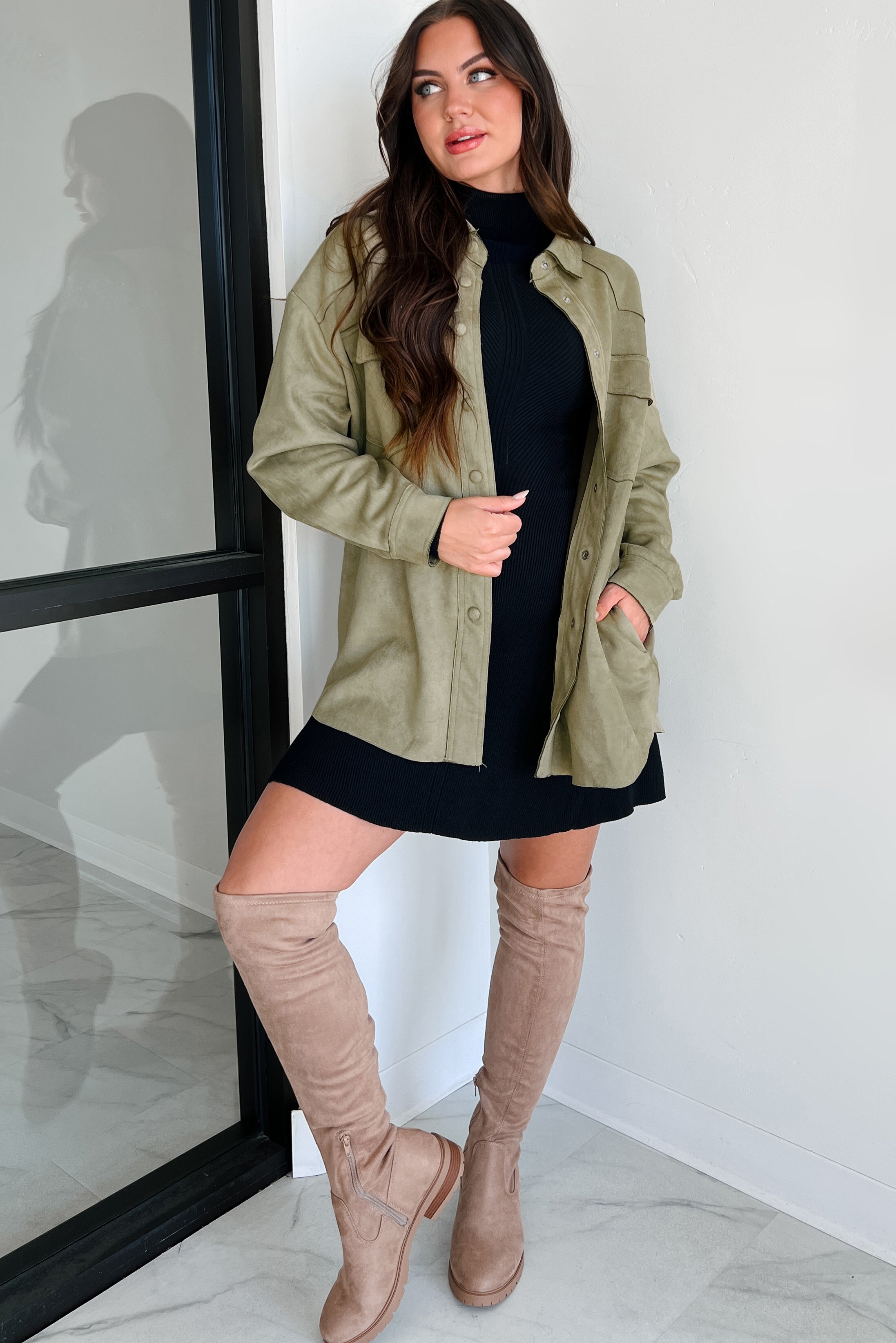 Heading To Town Oversized Faux Suede Shacket (Olive)