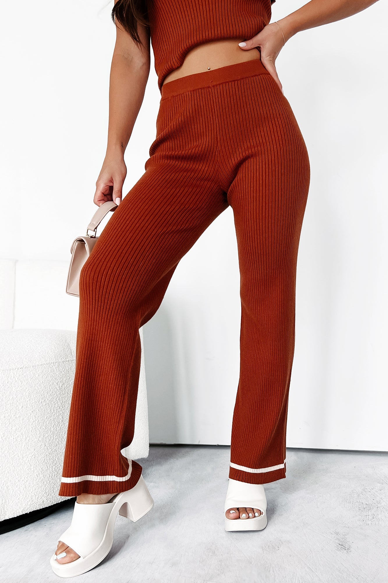 Crisp Leaves Ribbed Knit Straight Leg Pant (Rust)