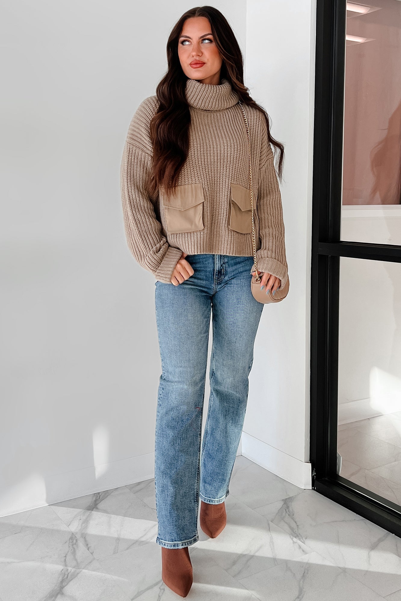 Tell Me Everything Cowl Neck Cargo Sweater (Taupe)