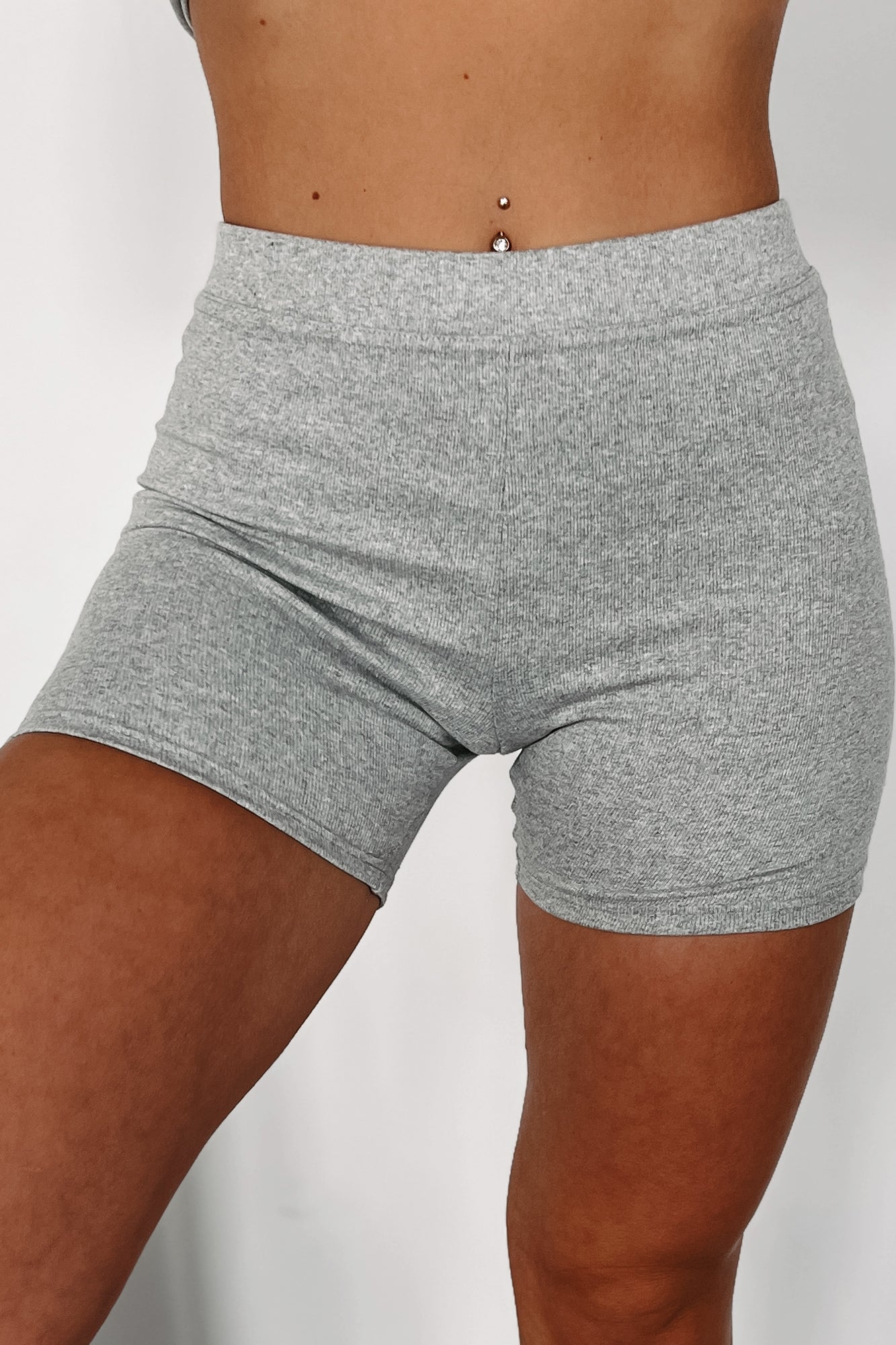 Minding Mine Mid Rise Ribbed Biker Shorts (Heather Grey)