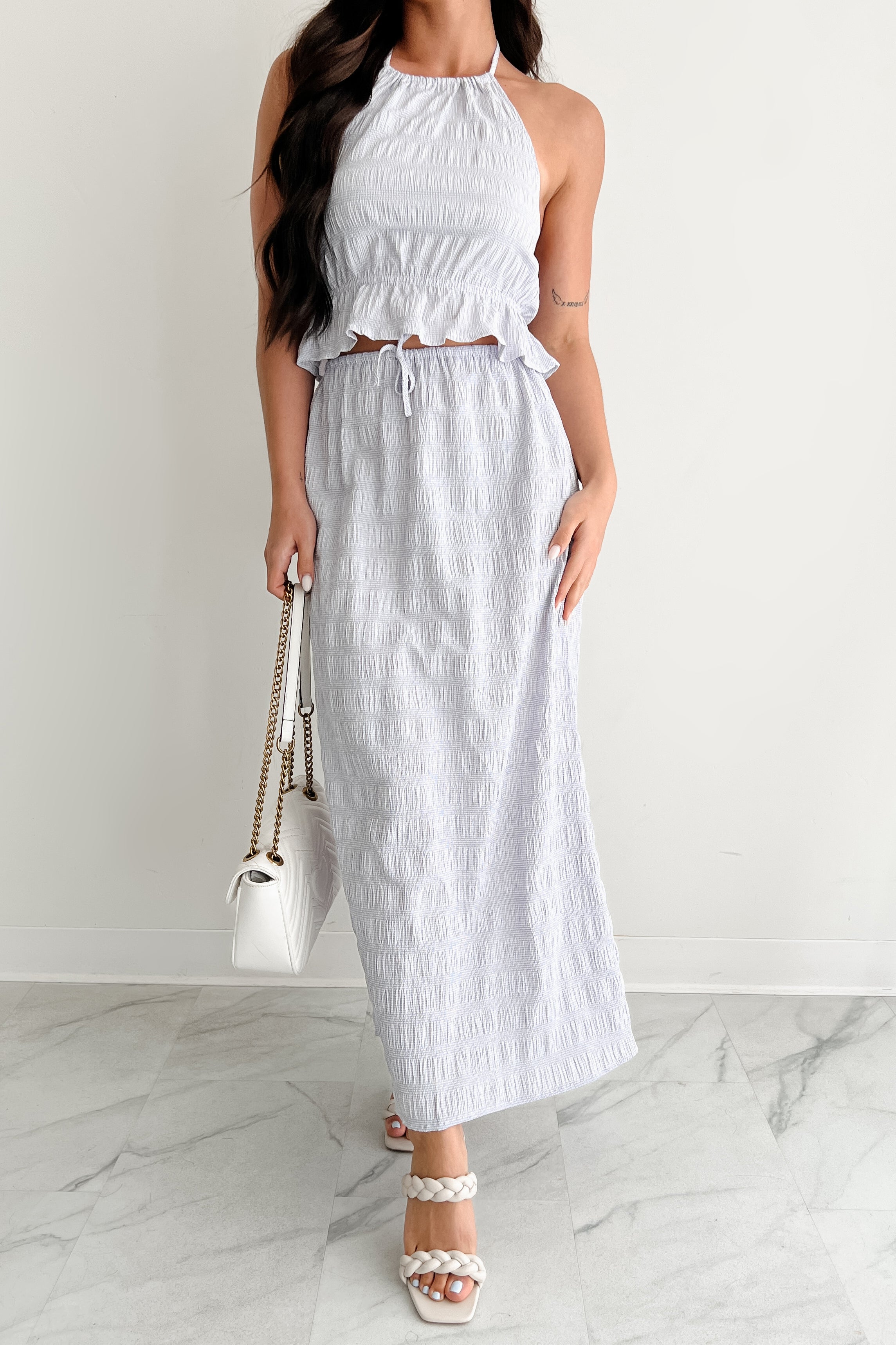 Dreaming Away Gingham Halter & Maxi Skirt Set (Lilac/White)