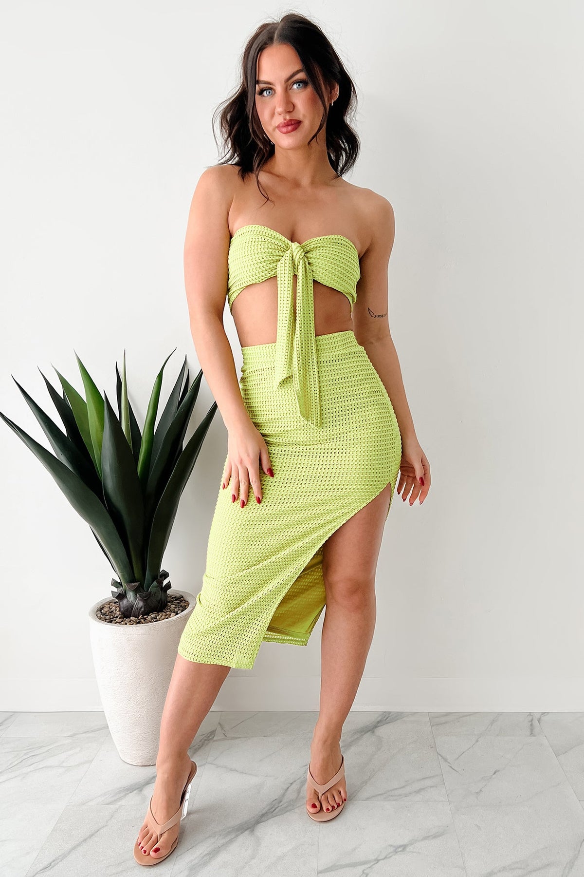 Flawlessly Loud Textured Knit Bandeau & Skirt Set (Kiwi)