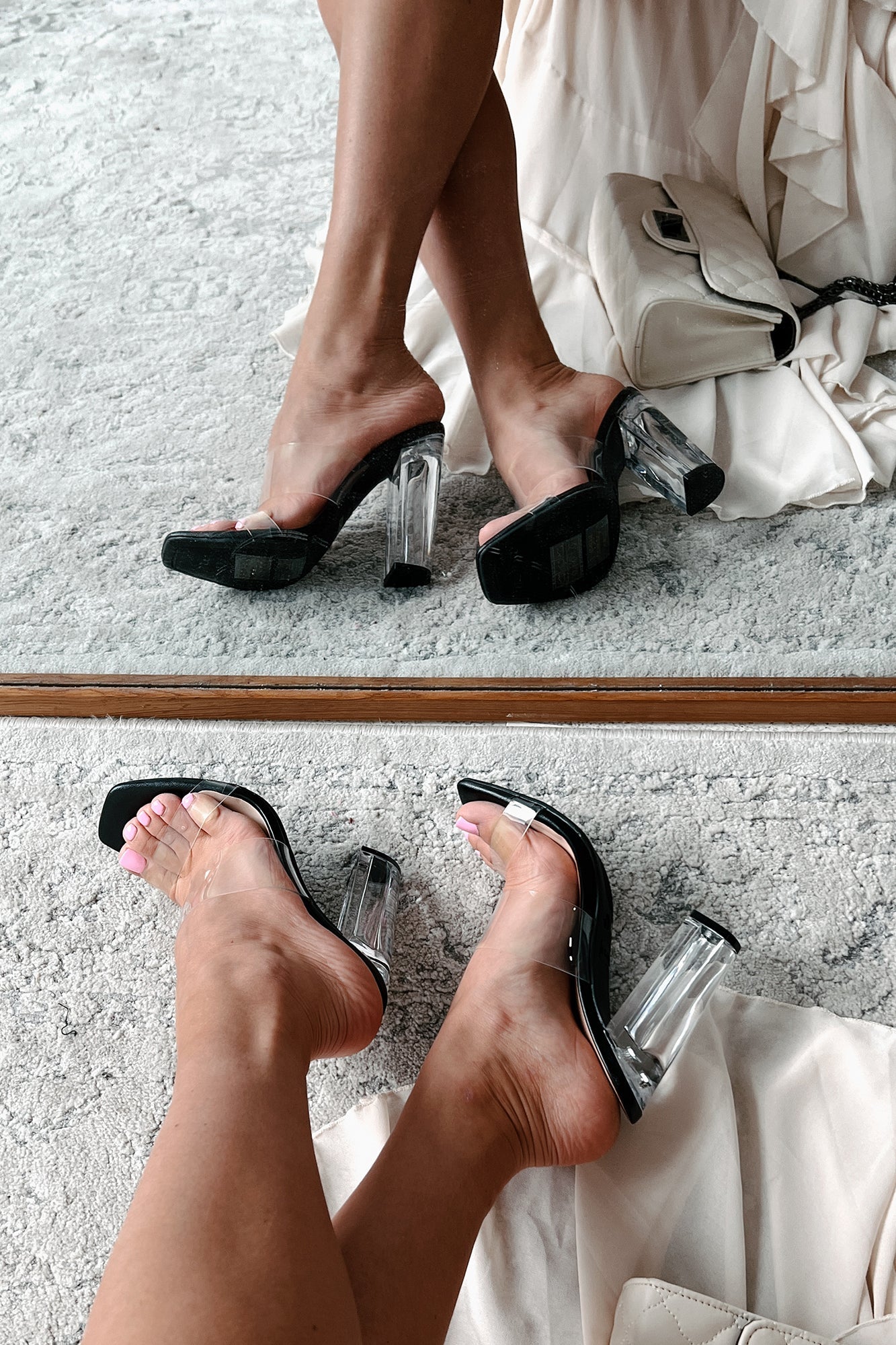Marvel At These Clear Strap Lucite Heeled Sandal (Black)