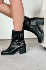 Tough As Nails Buckle Strap Chunky Biker Booties (Black)
