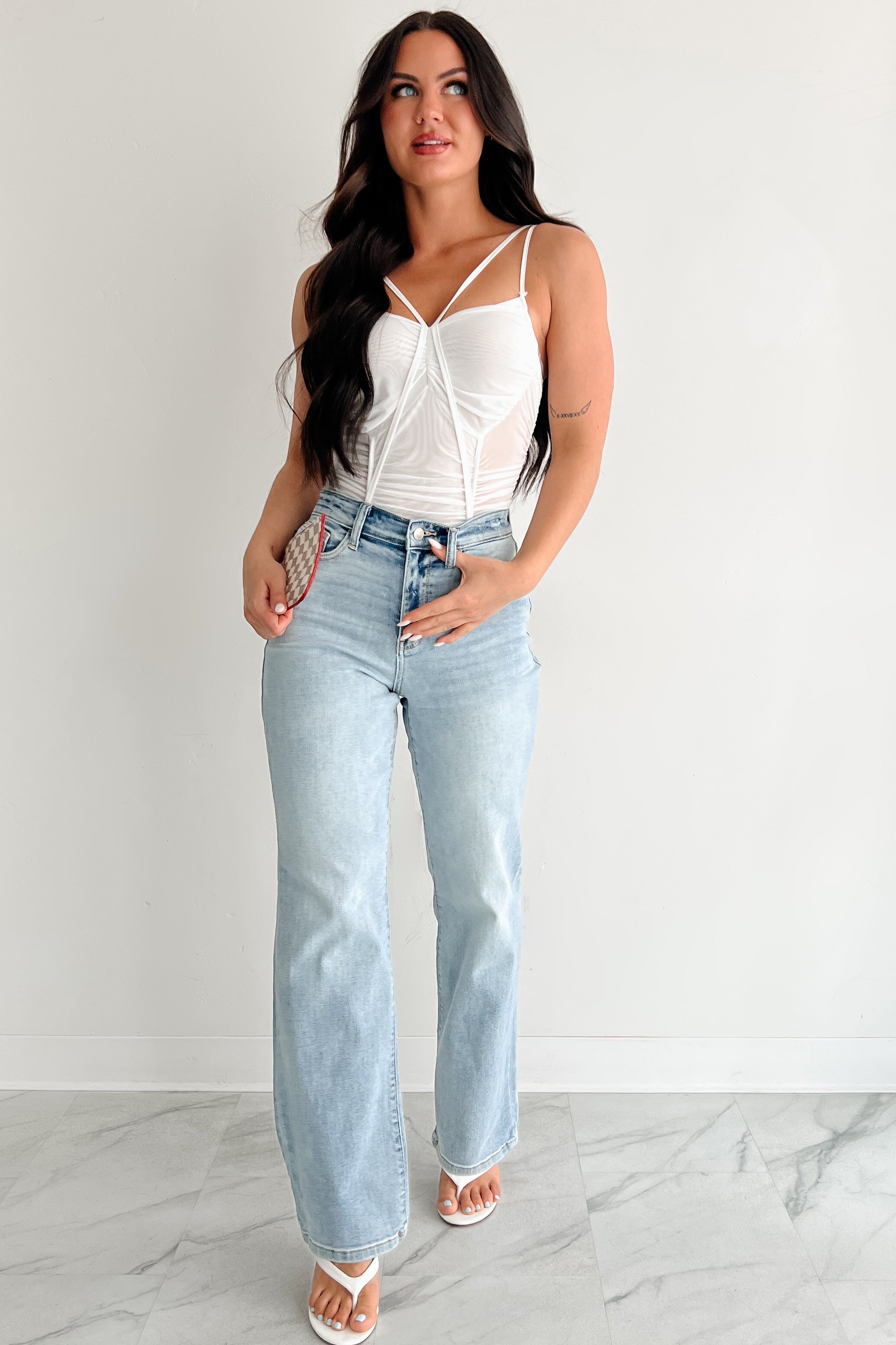 Wild & Weightless Ruched Mesh Bodysuit (White)