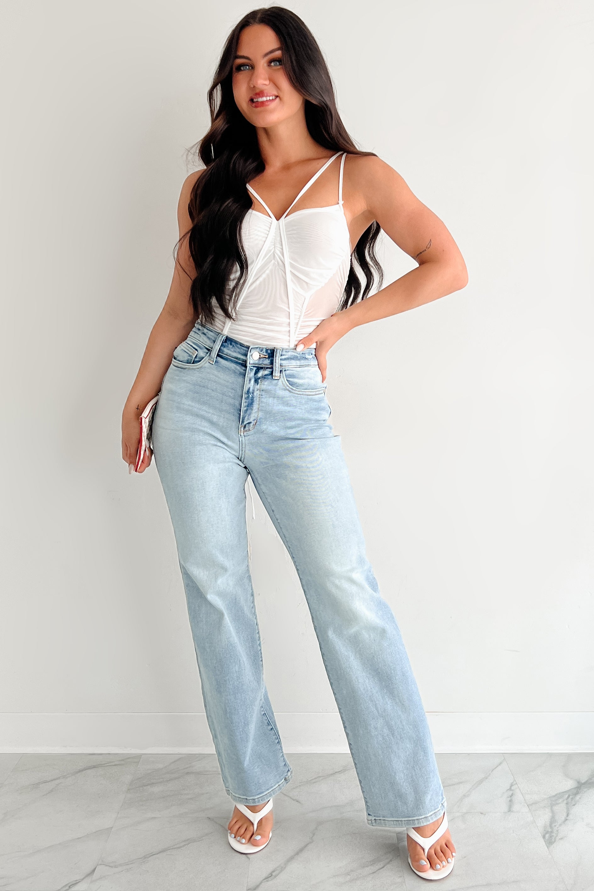 Wild & Weightless Ruched Mesh Bodysuit (White)