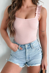 Trusting My Intuition Ribbed Ruffle Strap Bodysuit (Light Pink)